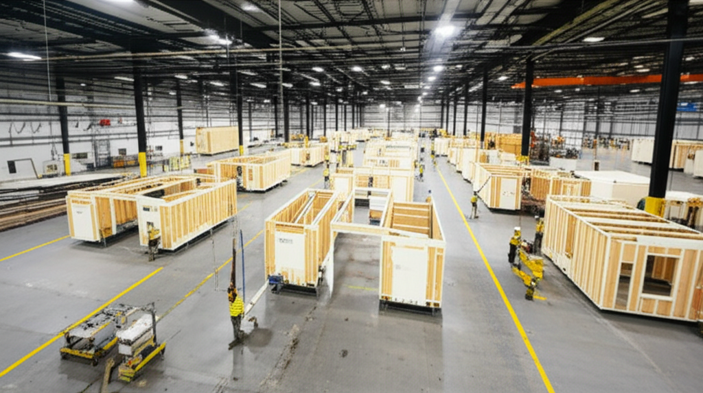 Manufactured home factory assembly line workers building modular homes American manufacturing