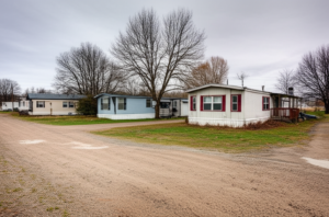 Run-down manufactured home mobile home park in rural America showing predatory lending housing trap