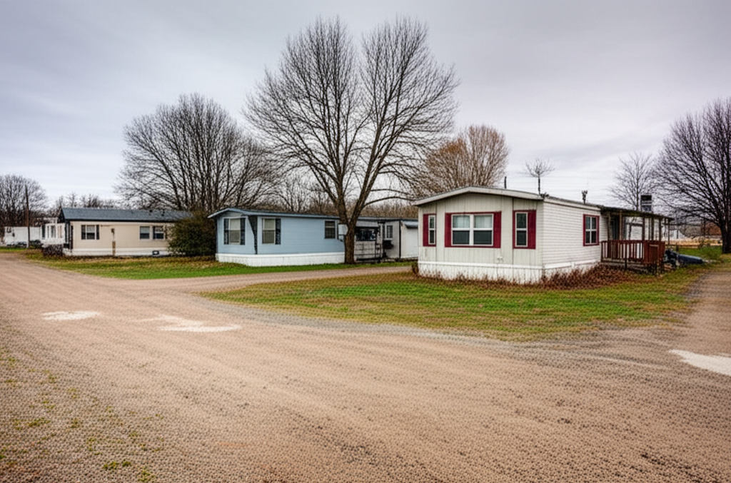 Run-down manufactured home mobile home park in rural America showing predatory lending housing trap