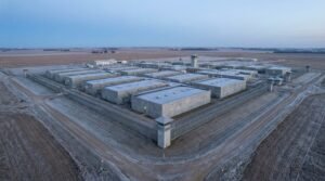Aerial view of massive American prison complex surrounded by razor wire fences at dawn