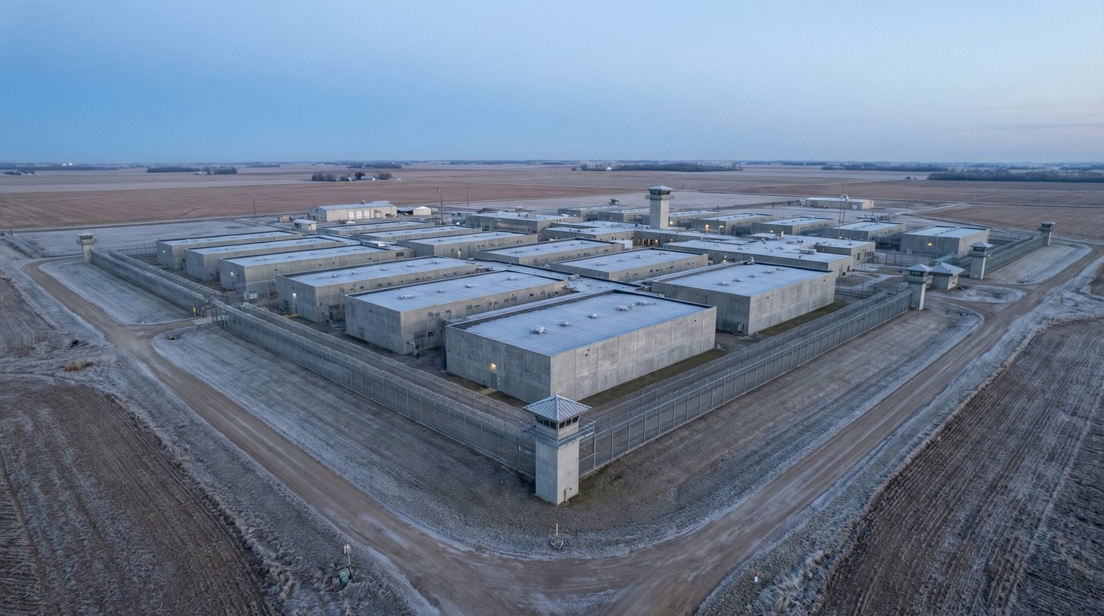 Aerial view of massive American prison complex surrounded by razor wire fences at dawn