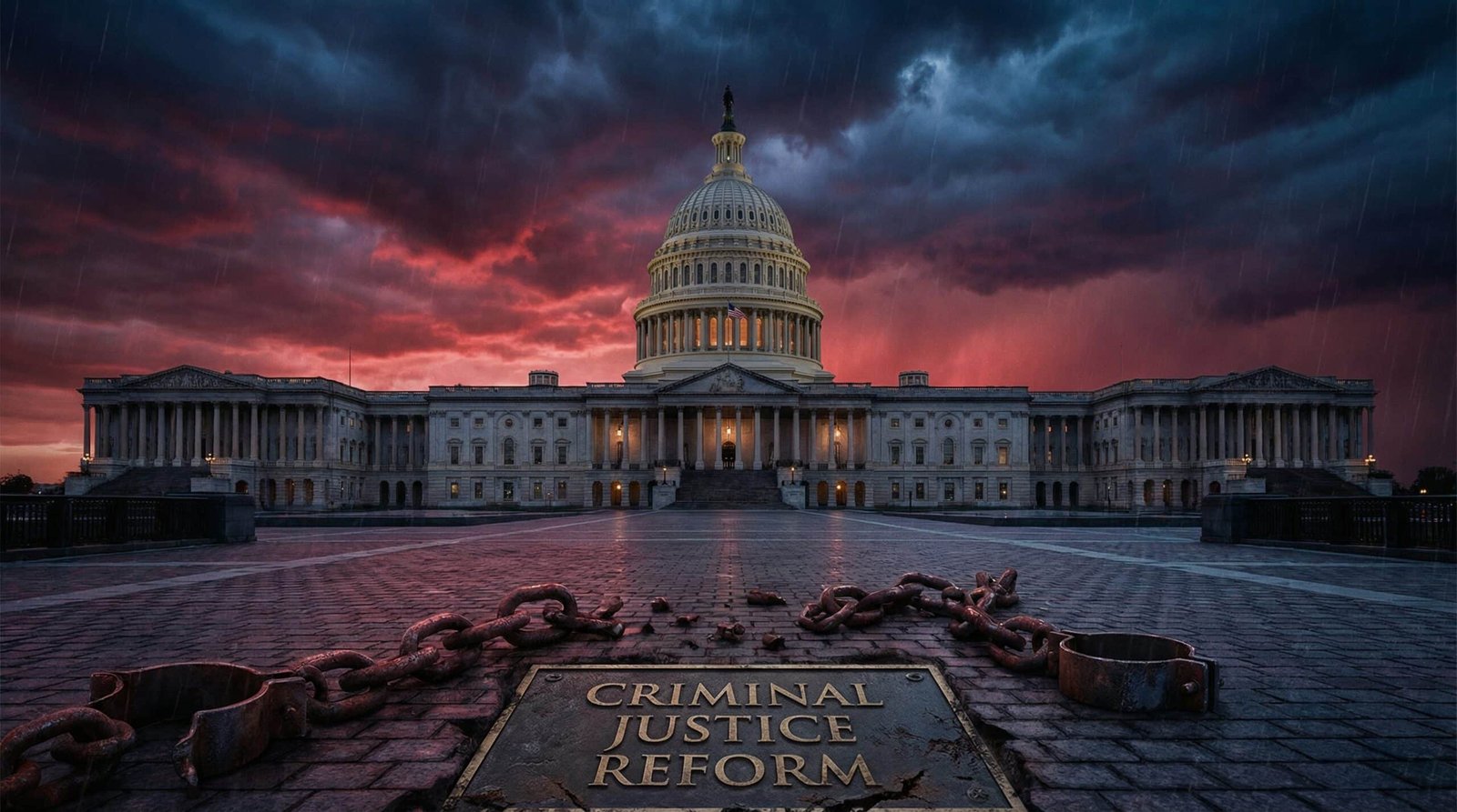 US Capitol building at dusk with broken chains symbolizing criminal justice reform and mass incarceration in America