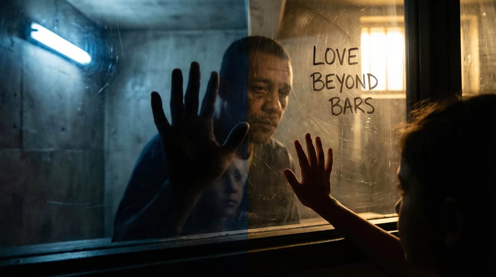 Parent and child silhouettes reaching toward each other through prison visitation glass showing generational impact of mass incarceration in America