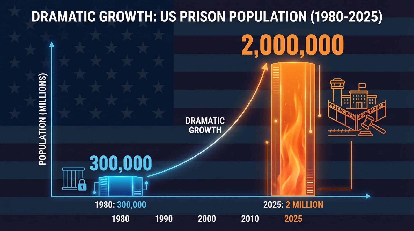 Bar chart showing US prison population growth from 300,000 in 1980 to 2 million in 2025