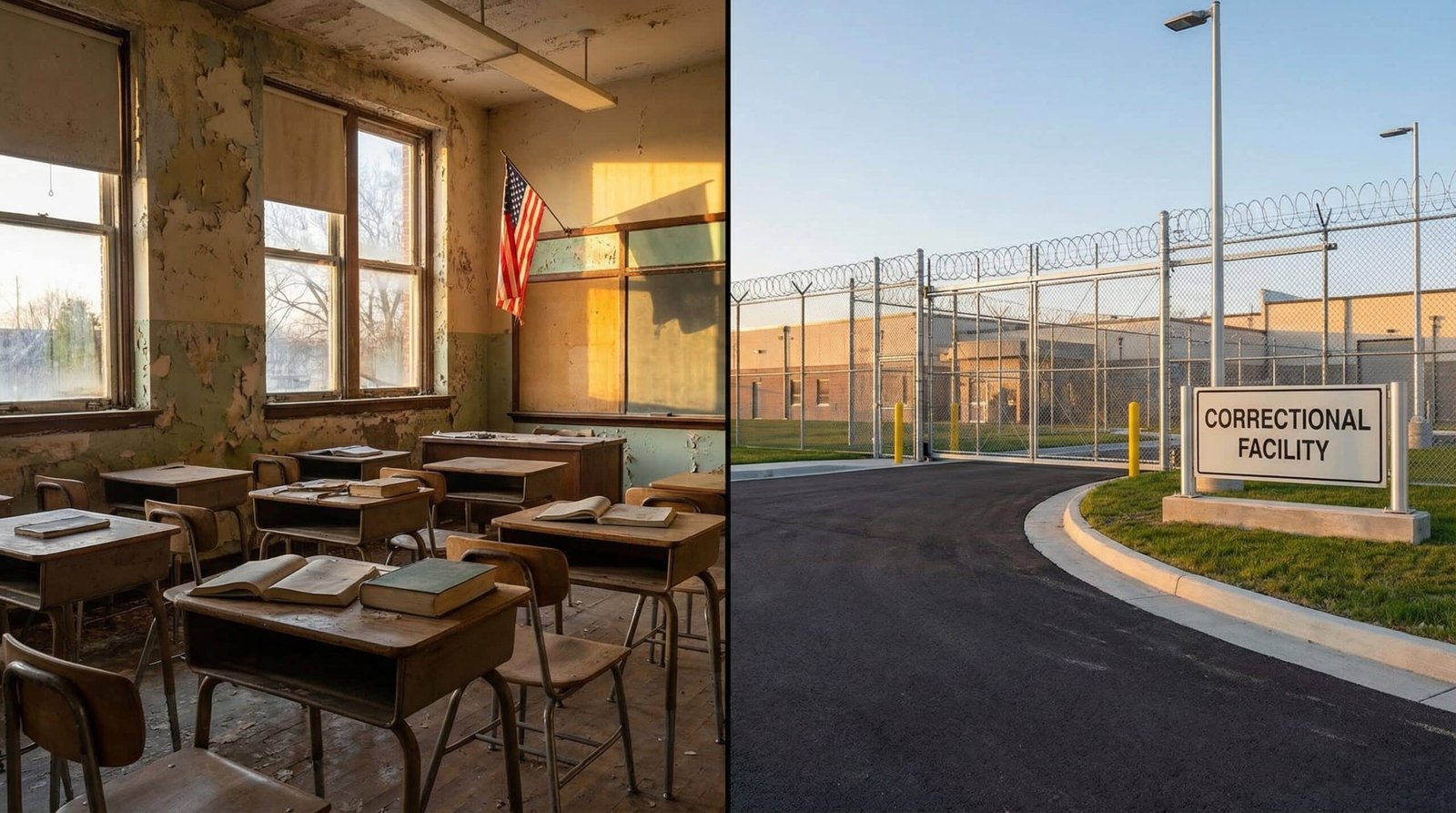 Crumbling school building next to new prison construction showing mass incarceration spending priorities vs education