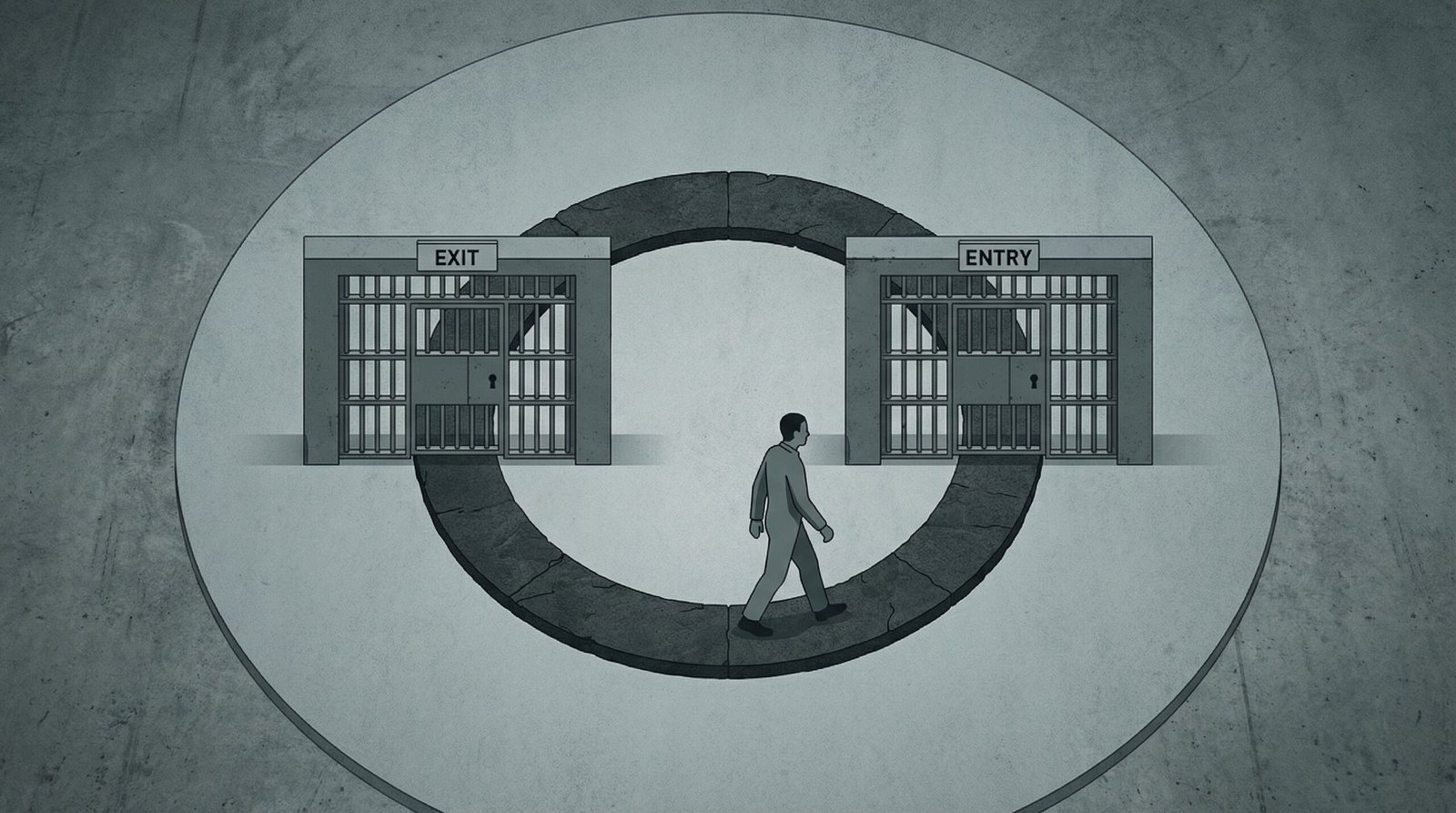 Person exiting prison gate and re-entering showing recidivism revolving door cycle in mass incarceration in America