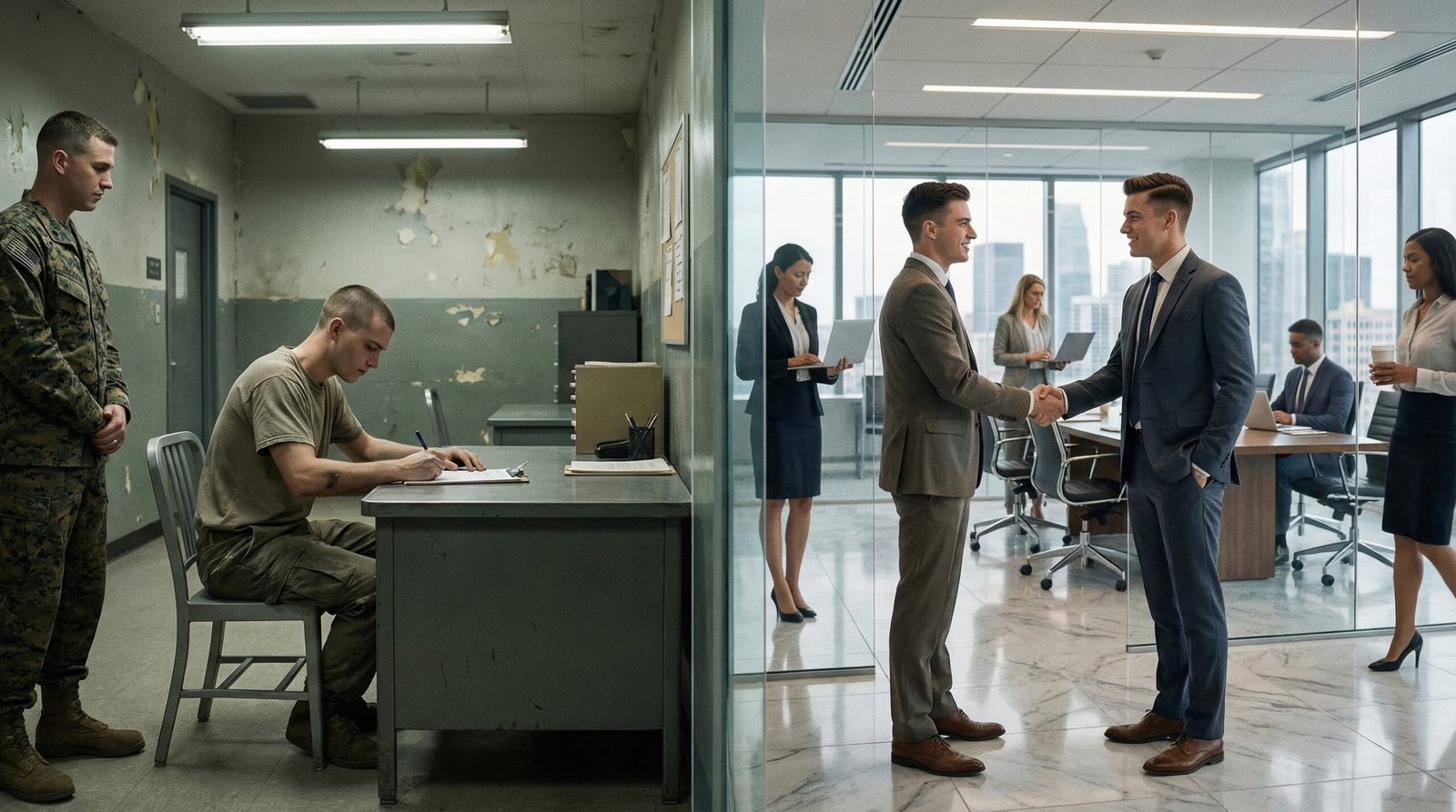 Young military recruit versus investment banker illustrating who serves in American wars class divide