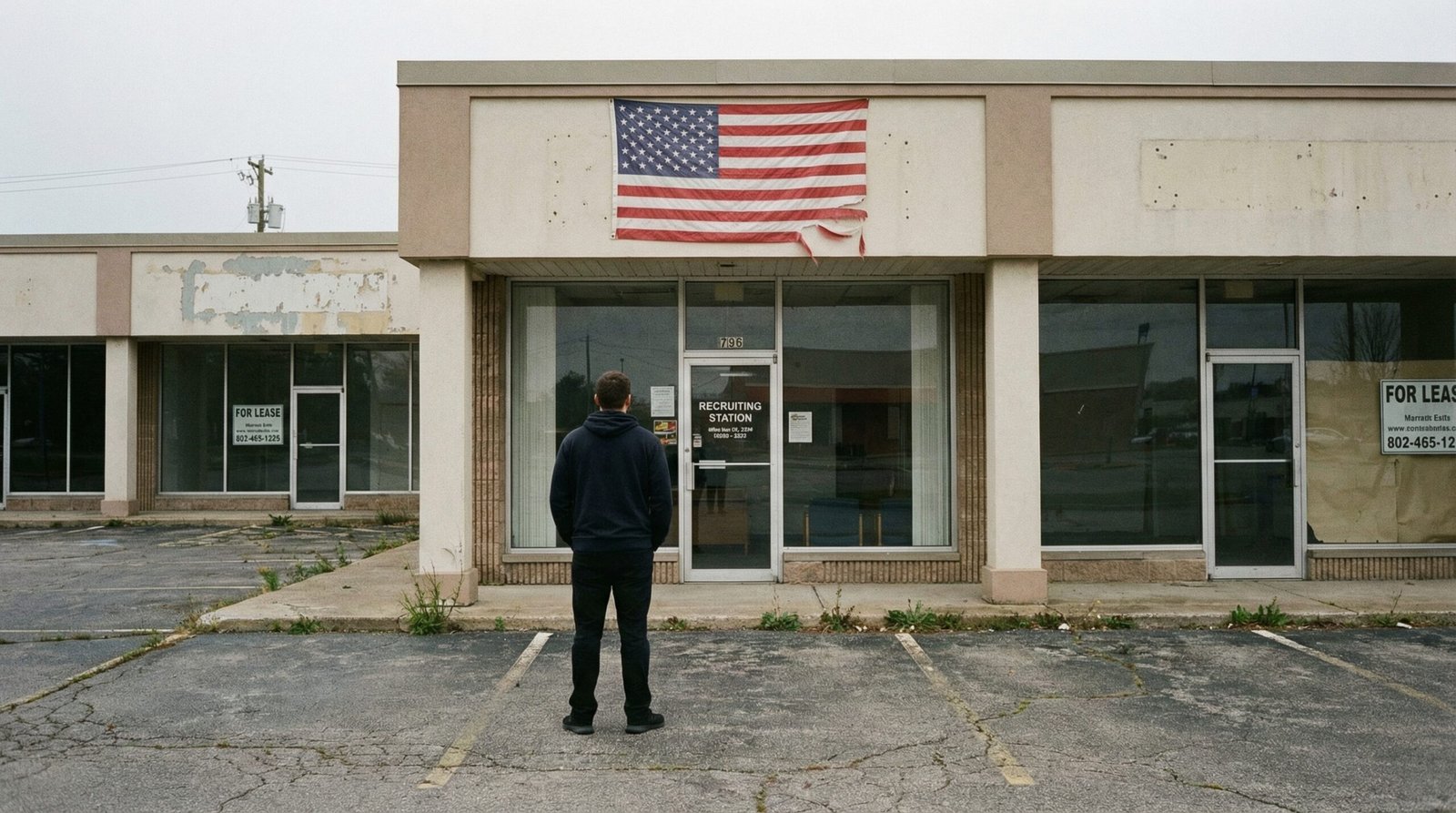Military recruiting office in struggling small town symbolizing economic draft in America
