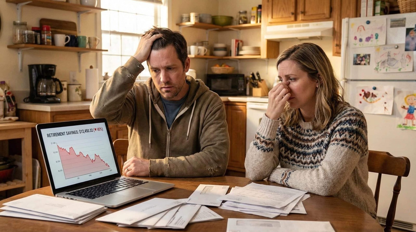 Stressed millennial couple watching 401k retirement savings plunge during Iran war stock market crash 2026