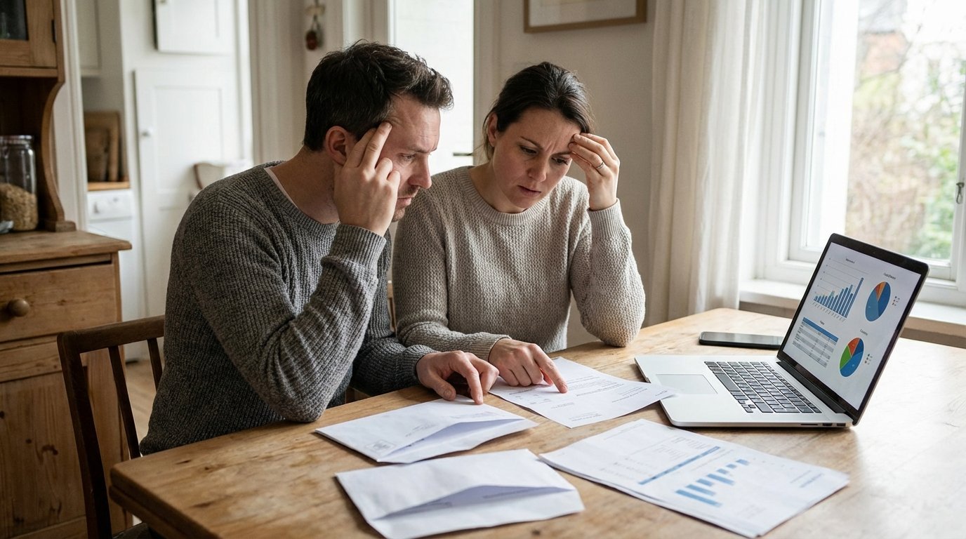 millennial couple reviewing retirement savings documents at kitchen table with laptop