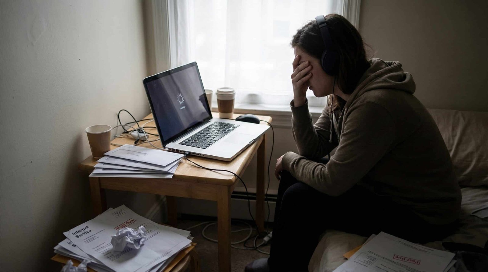 Millennial woman working from home frustrated by slow buffering internet and mounting ISP bills