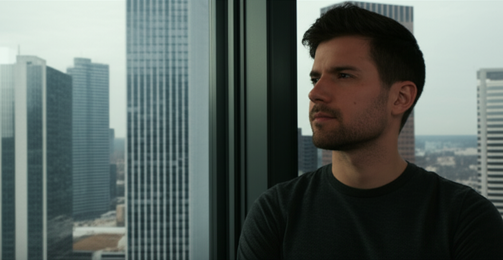 millennial renter looking out window at empty downtown office towers generational inequality commercial real estate