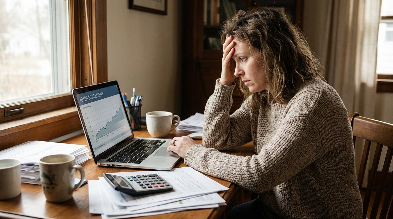 stressed millennial woman reviewing retirement account documents at home desk