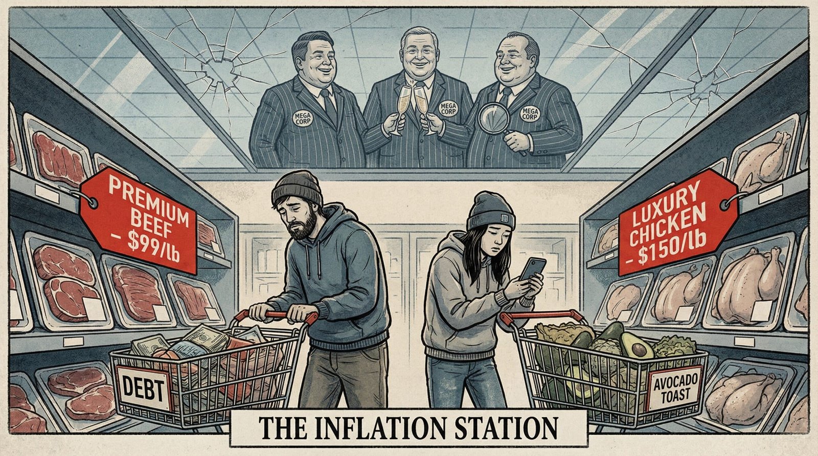 Millennials and Gen Z shoppers facing inflated meat prices while corporate executives profit above them