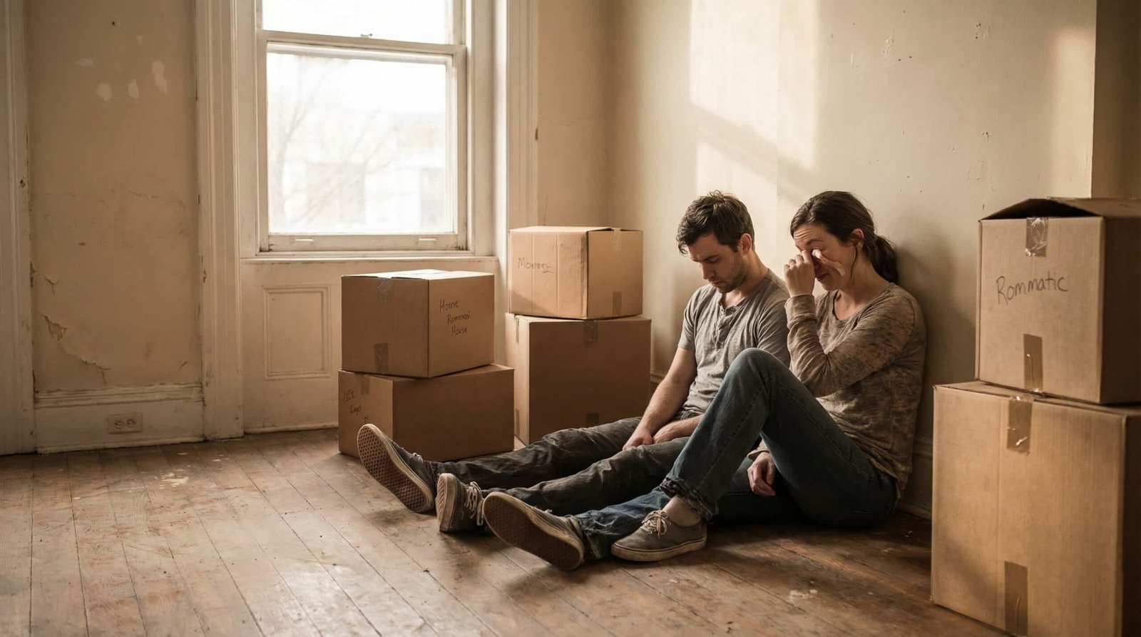 Young millennial couple moving boxes back to parents home Iran war economic crisis 2026