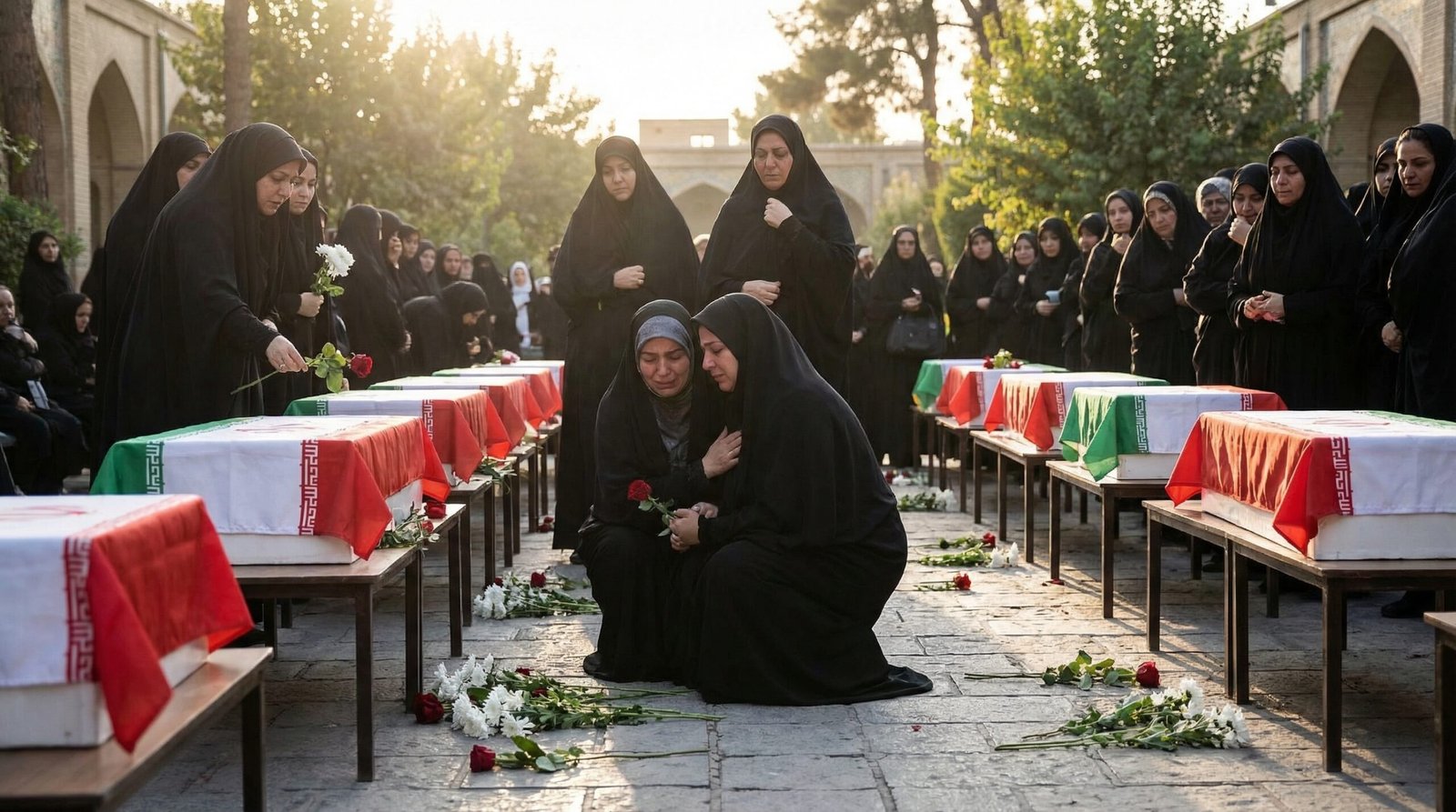 White coffins memorial Iran Minab school airstrike victims mourning women