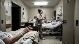 elderly nursing home resident reaching out in understaffed facility with overwhelmed nurse in background