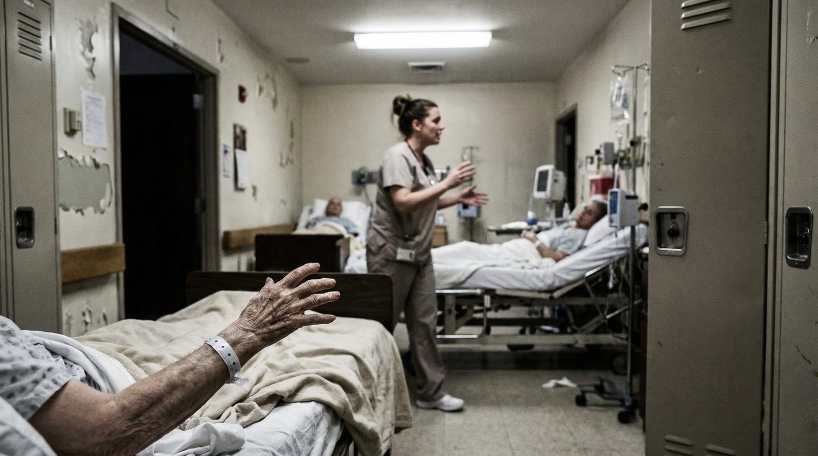 elderly nursing home resident reaching out in understaffed facility with overwhelmed nurse in background
