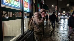 Young person standing outside payday loan storefront at night illustrating the payday loan trap