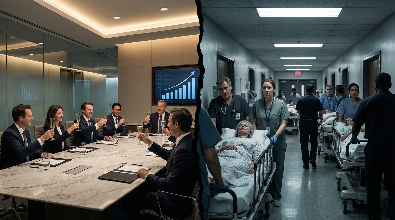 PE boardroom celebration contrasted with hospital aftermath of equipment repossession and patient harm