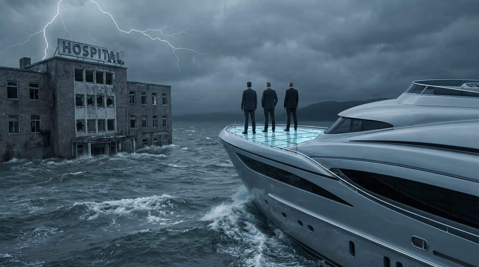 Luxury yacht sailing away from crumbling hospital — Cerberus Capital Steward Health Care extraction analogy