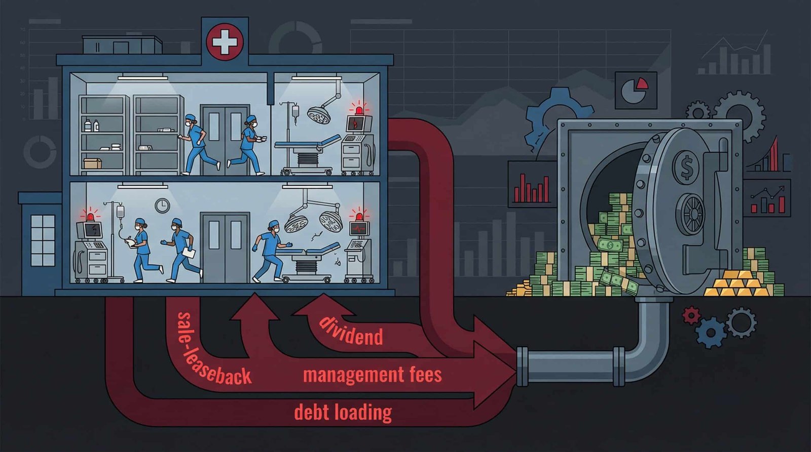 Diagram showing private equity hospital debt extraction: debt loading, sale-leaseback, management fees, dividend