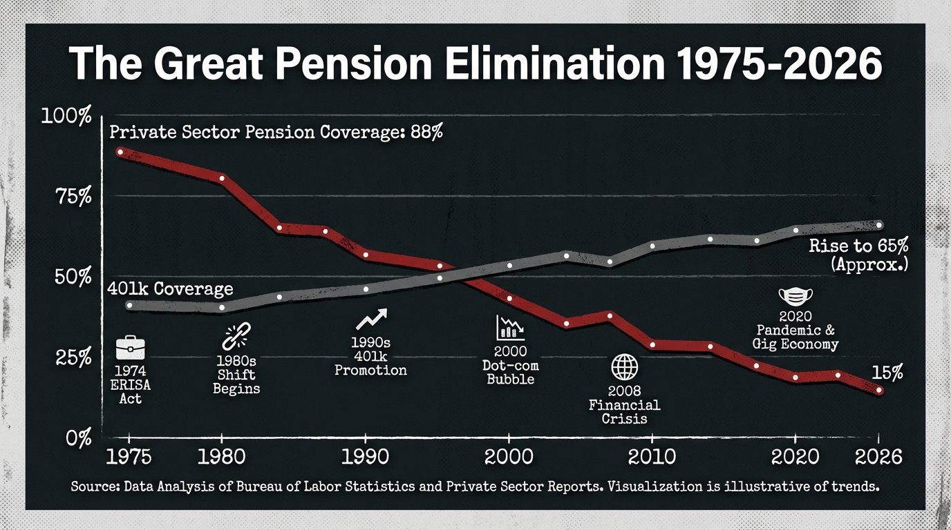 pension elimination timeline 1975 to 2026 private sector coverage decline infographic