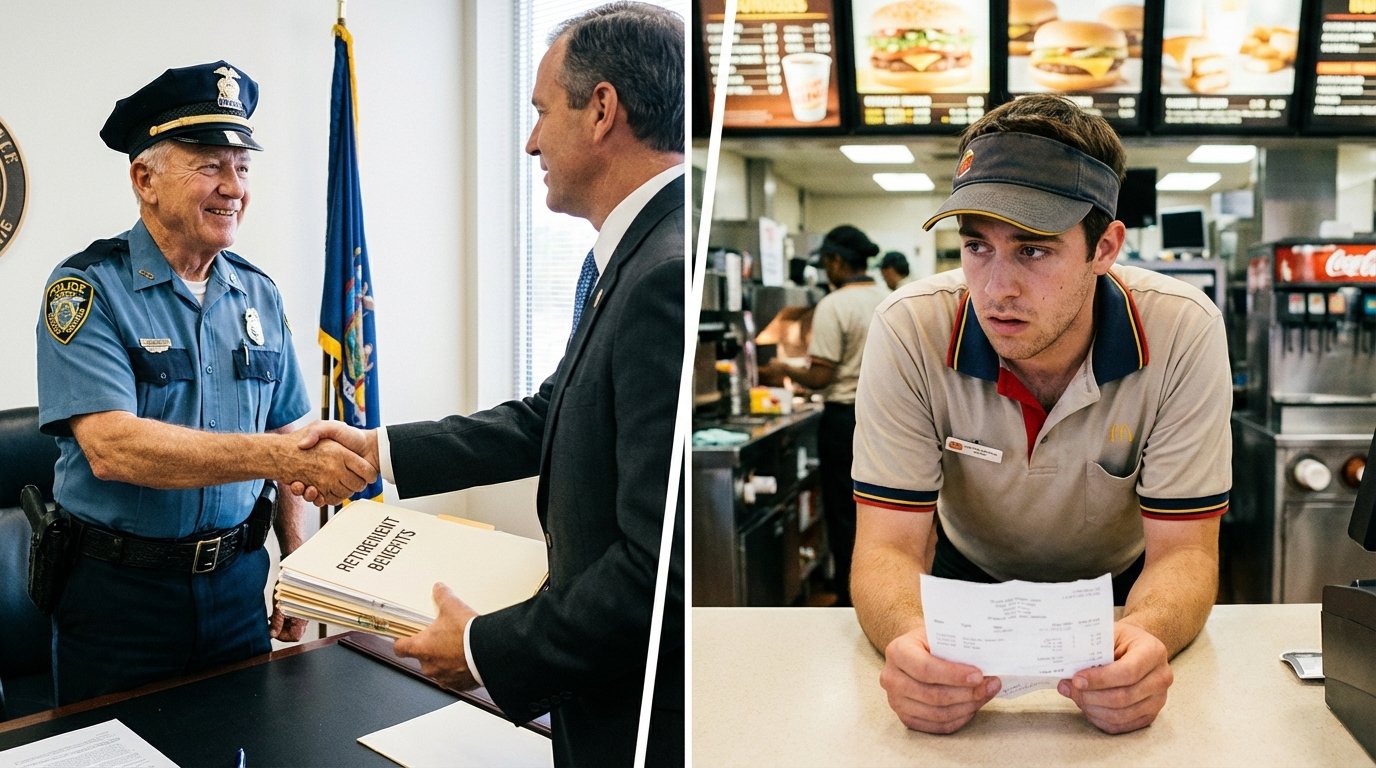 government worker with pension vs service worker without retirement security contrast