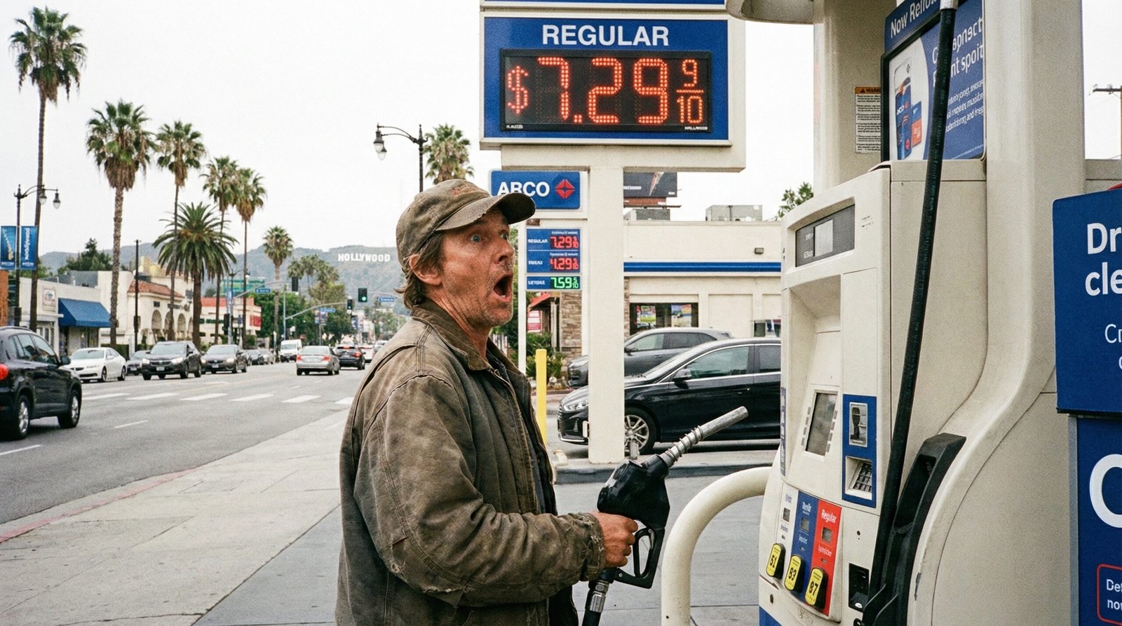 Person pumping gas shocked at over $7 per gallon price at LA gas station Iran war 2026