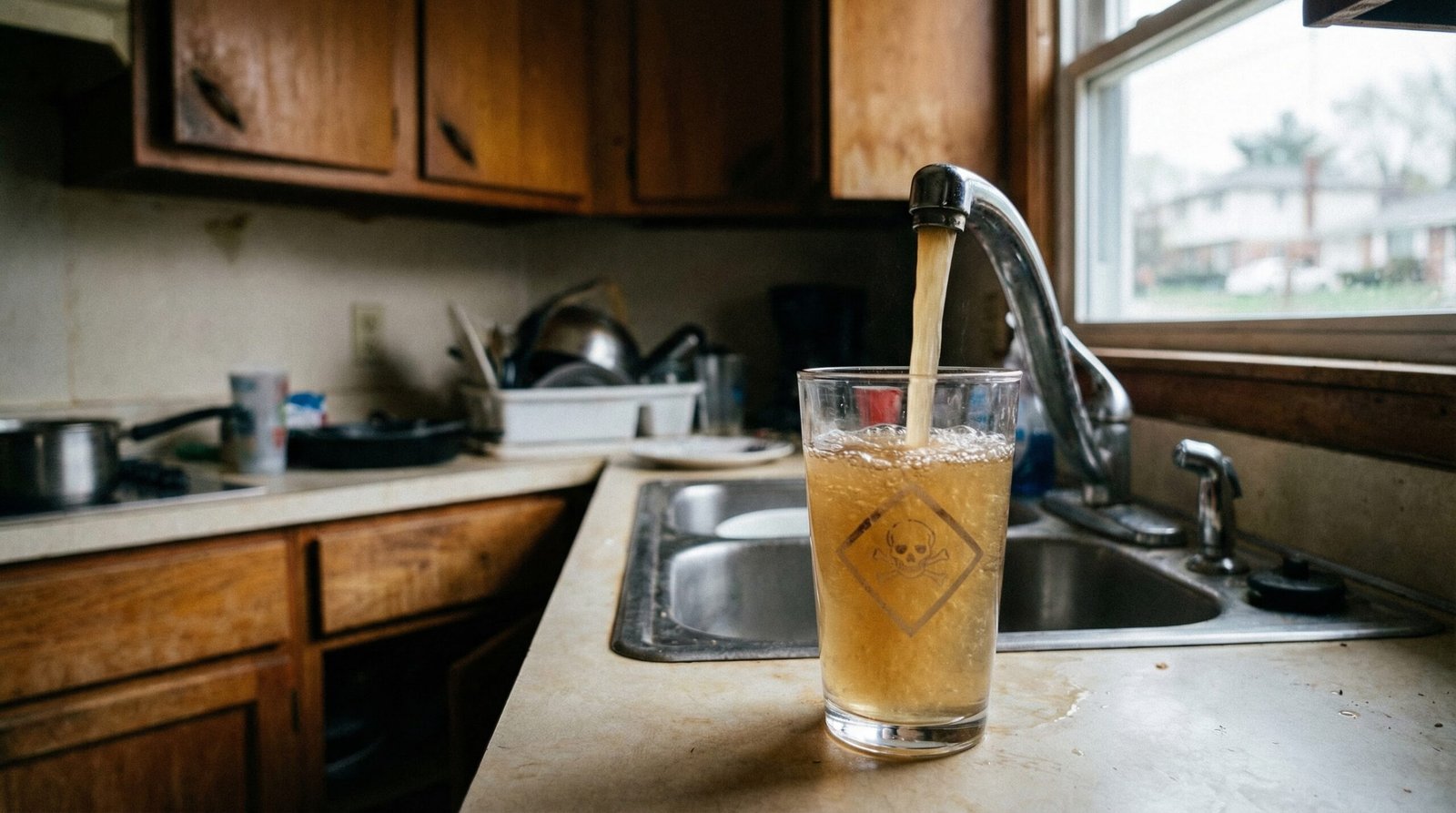 PFAS forever chemicals contaminated tap water kitchen faucet murky glass drinking water