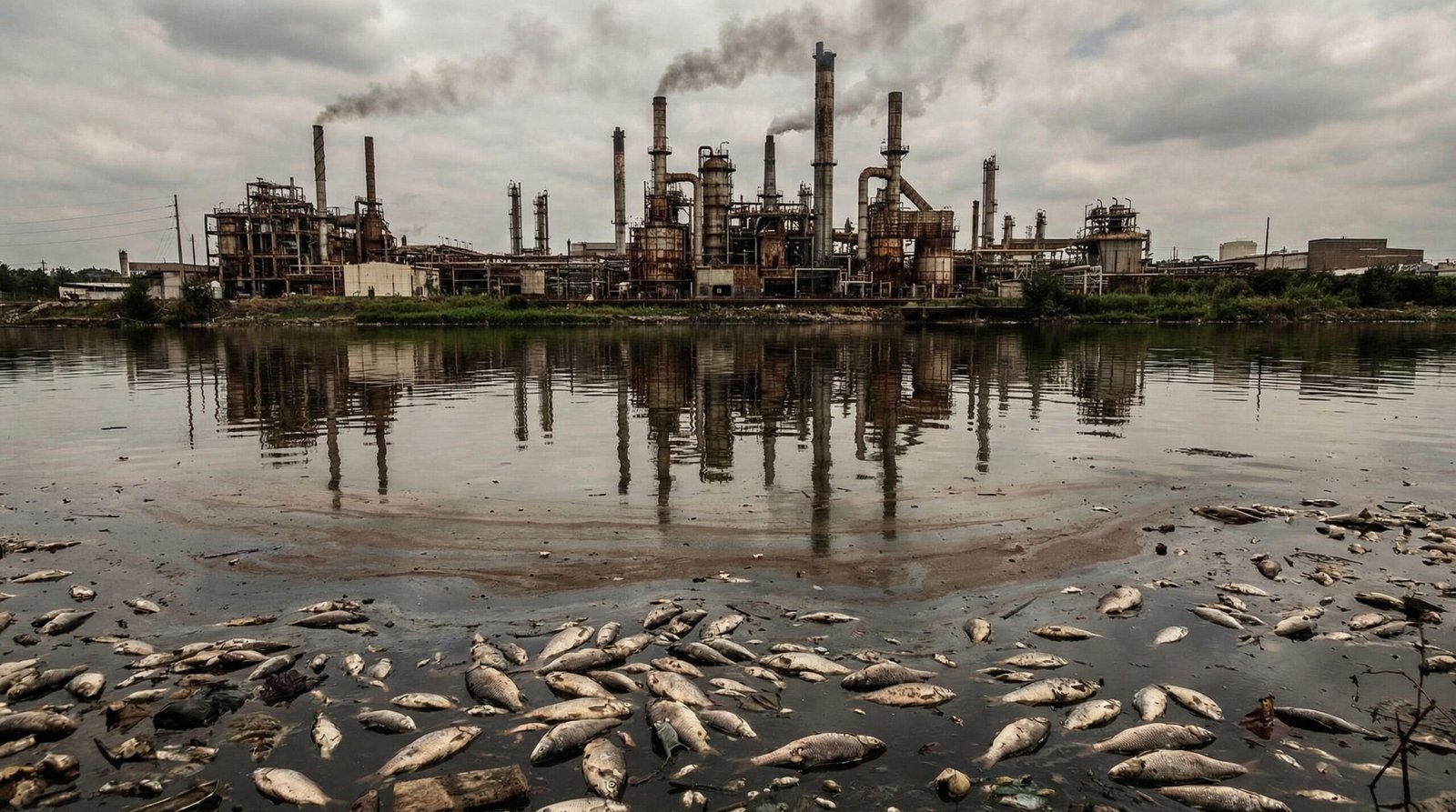 Chemical factory river contamination PFAS industrial pollution dead fish water supply