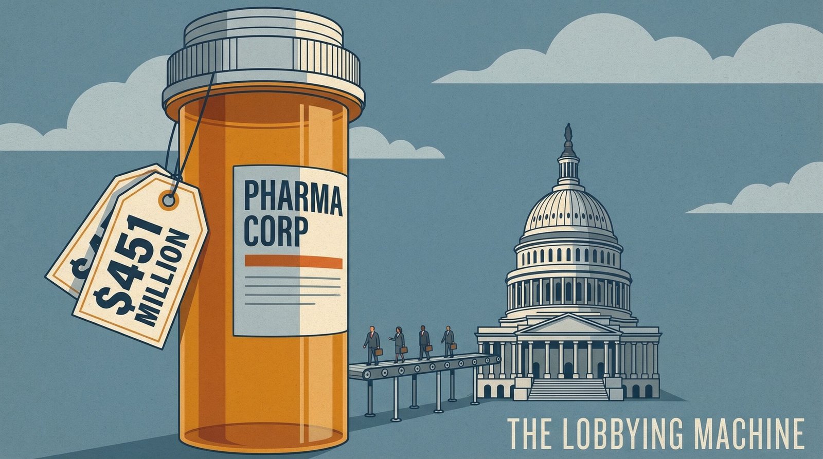Pharmaceutical industry lobbying conveyor belt between Capitol and Big Pharma executives