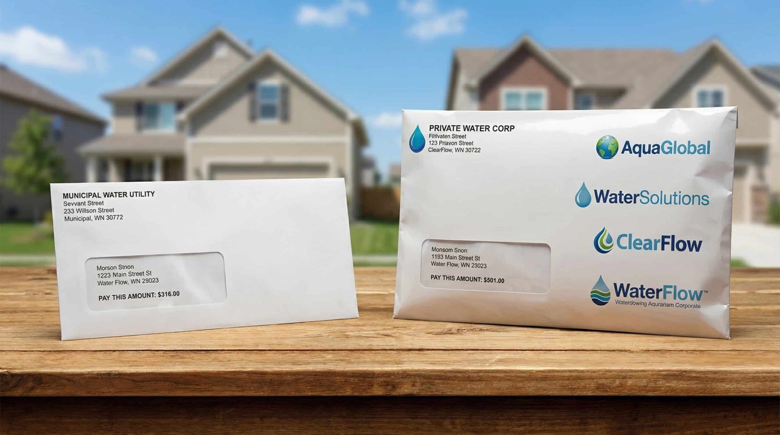 Side by side comparison of public vs private water utility bills showing water privatization America cost difference