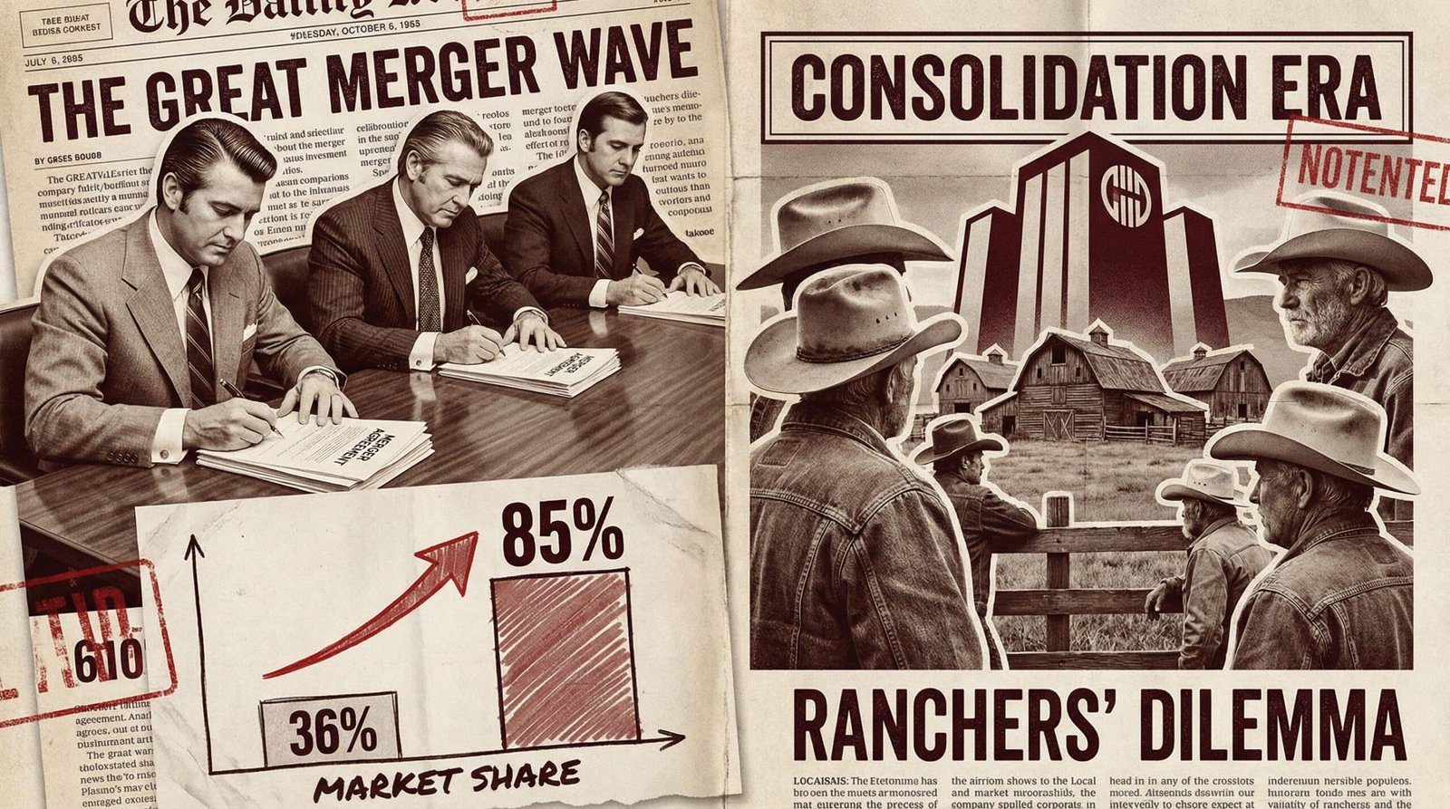 Reagan era 1980s antitrust deregulation unleashing wave of meatpacking industry mergers and consolidation