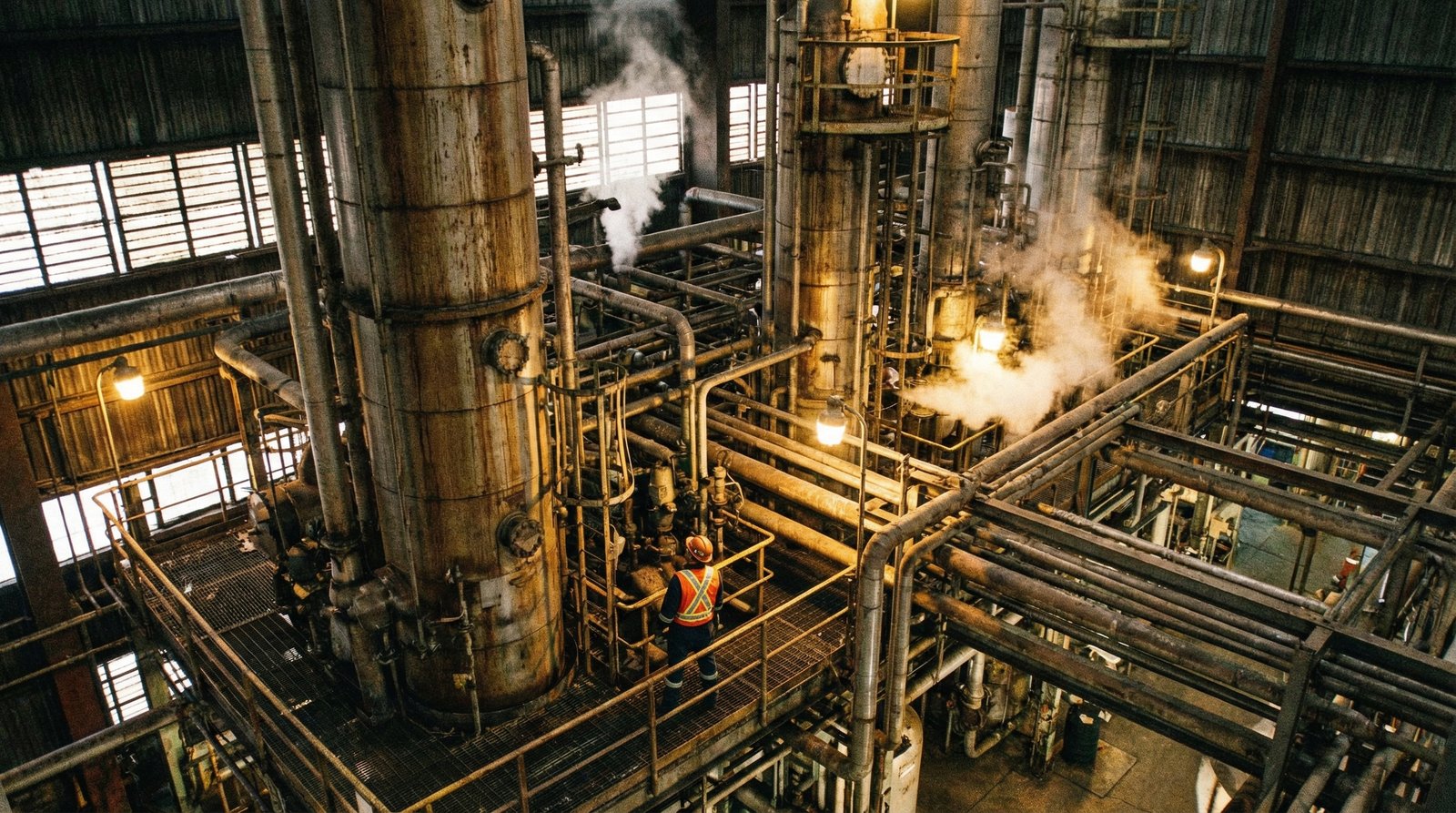 oil refinery worker heavy crude distillation columns American energy infrastructure