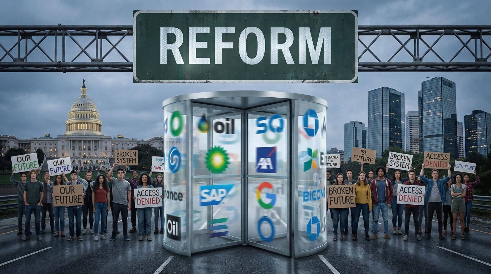 Reform road blocked by corporate revolving door millennials Gen Z protesters