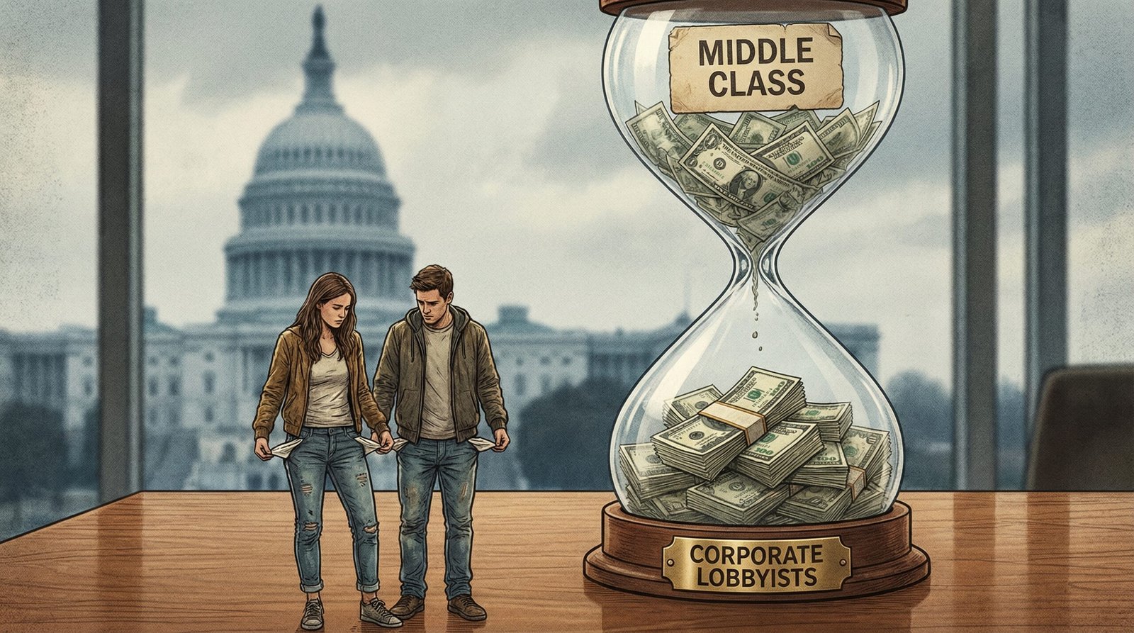 Money hourglass draining from middle class to corporate lobbyists while millennials lose wealth