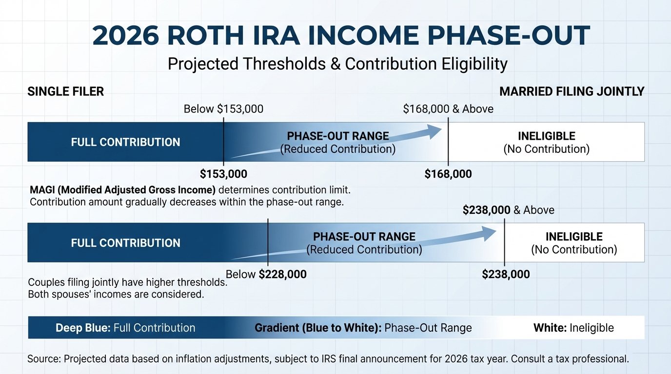 2026 Roth IRA income phase-out thresholds infographic single filer married filing jointly