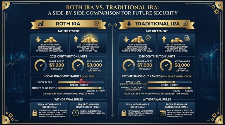 Roth IRA vs Traditional IRA 2026 comparison chart tax treatment contribution limits