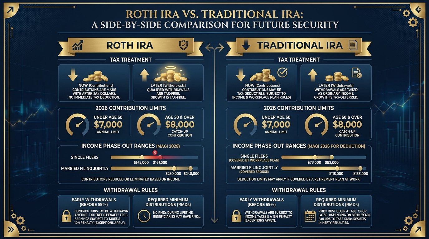 Roth IRA vs Traditional IRA 2026 comparison chart tax treatment contribution limits