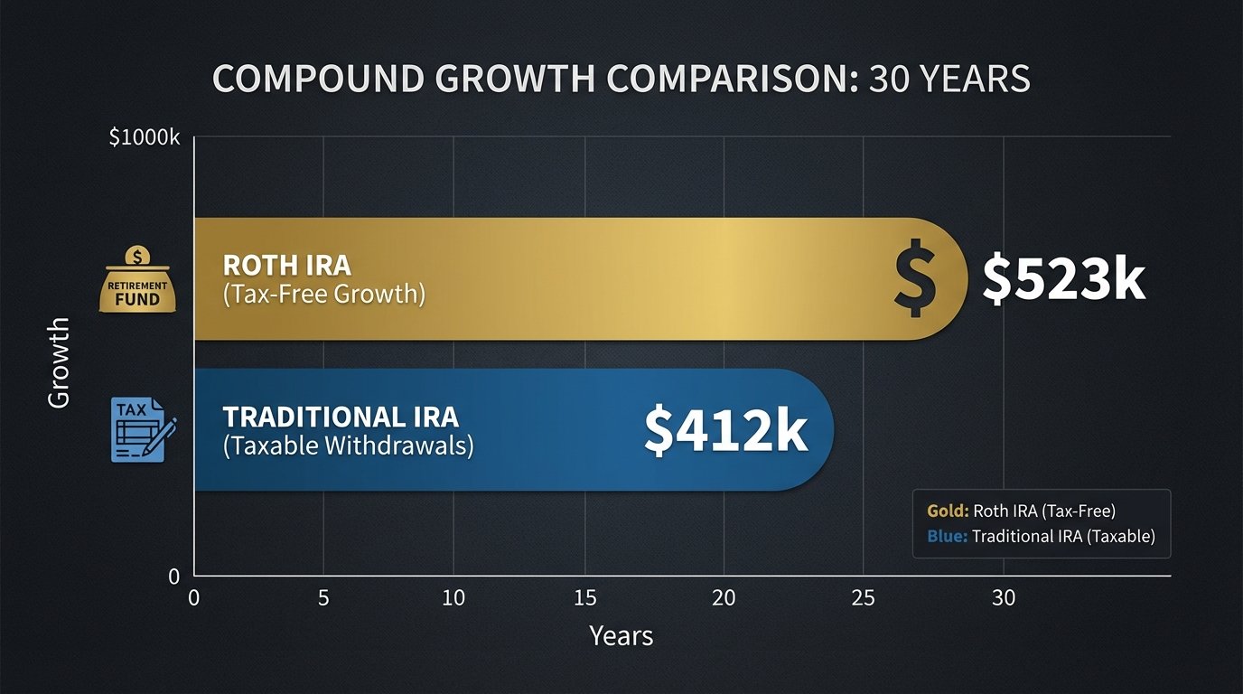 bar chart compound growth comparison Roth IRA tax-free versus Traditional IRA taxable 30 years