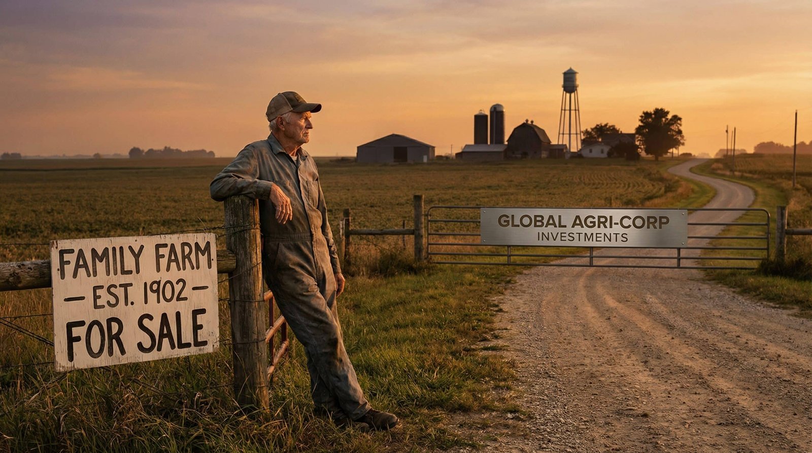 Elderly farmer watching rural American family farm sold to foreign investors at Midwest sunset