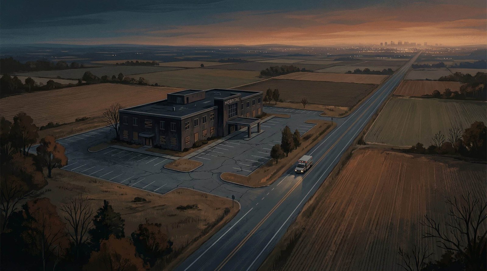 Rural ambulance on long highway with closed hospital — 170 rural hospital closures since 2005