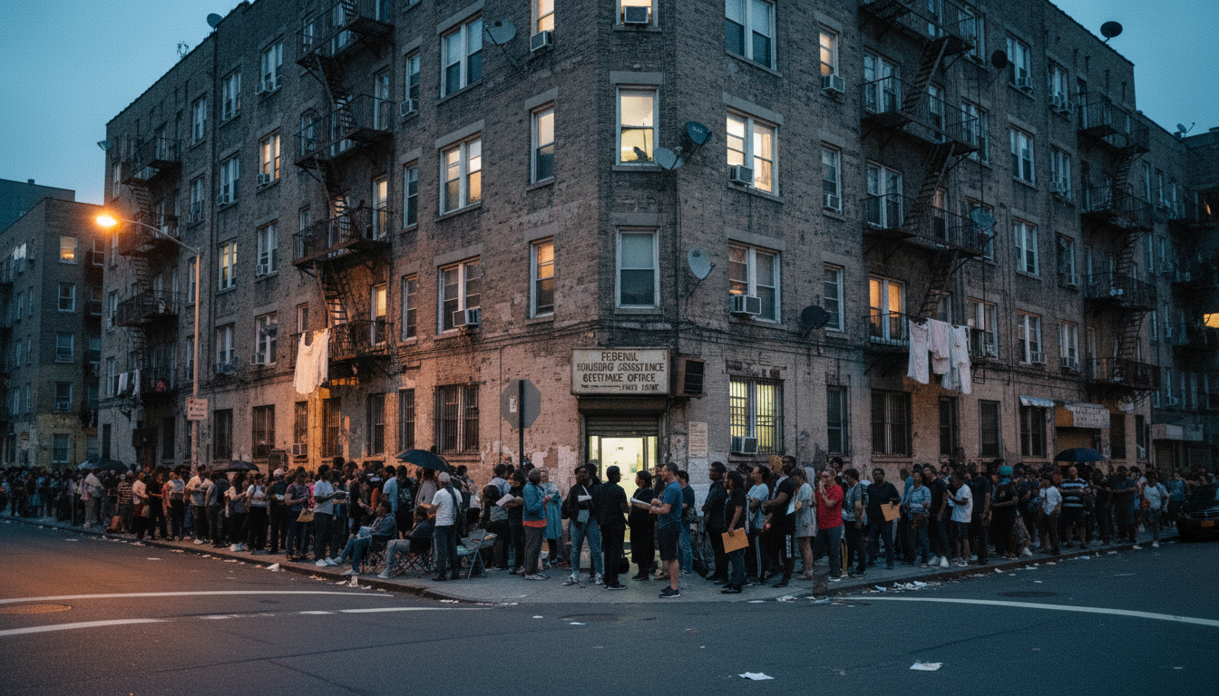 overcrowded apartment building with people waiting for Section 8 housing vouchers