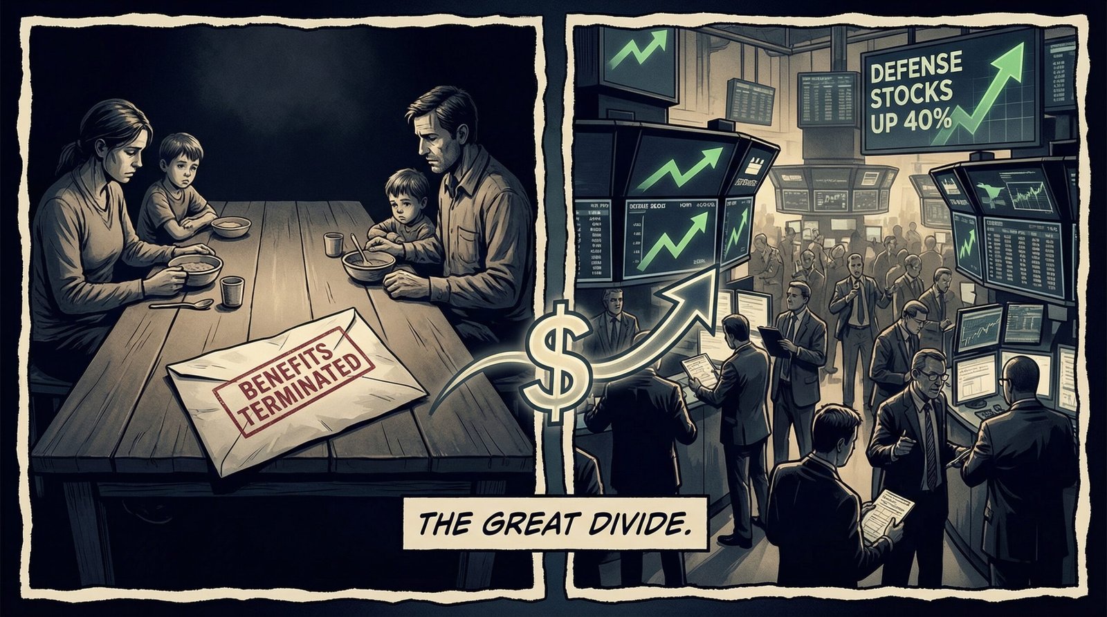 Split image of family losing SNAP food benefits while defense stocks surge 40 percent during Iran war 2026