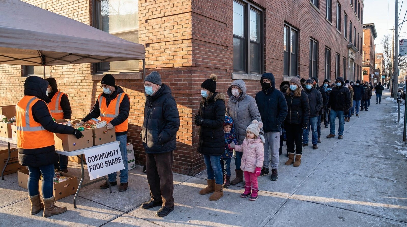 Long food bank line of families and young adults in winter 2026 as SNAP cuts create hunger crisis
