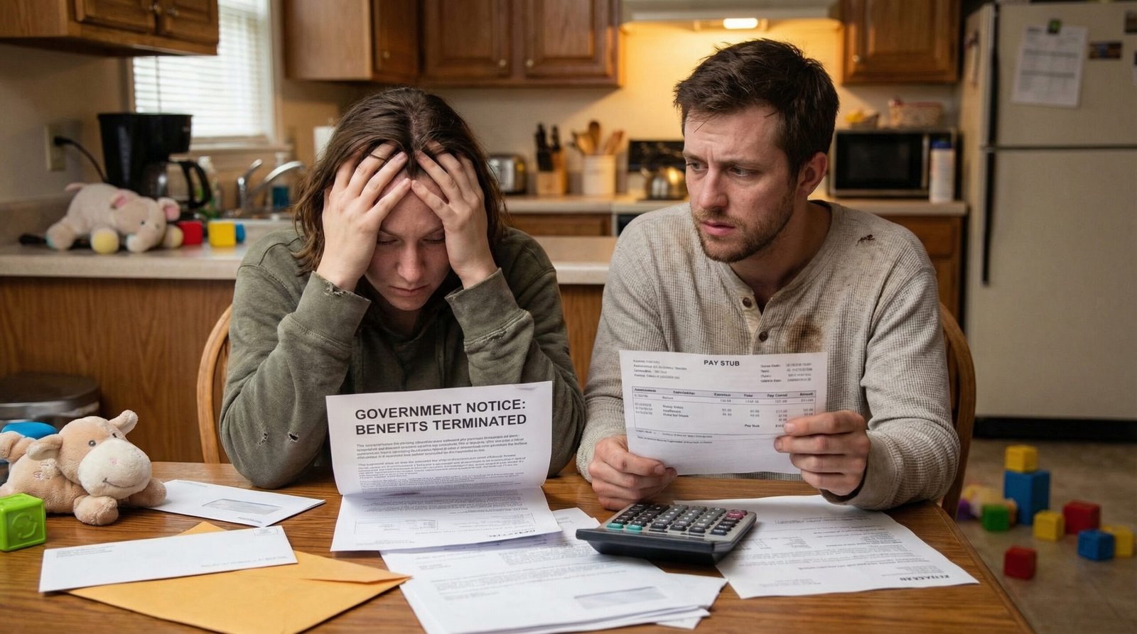 Millennial couple reviewing terminated SNAP benefits letter with baby in background financial stress 2026