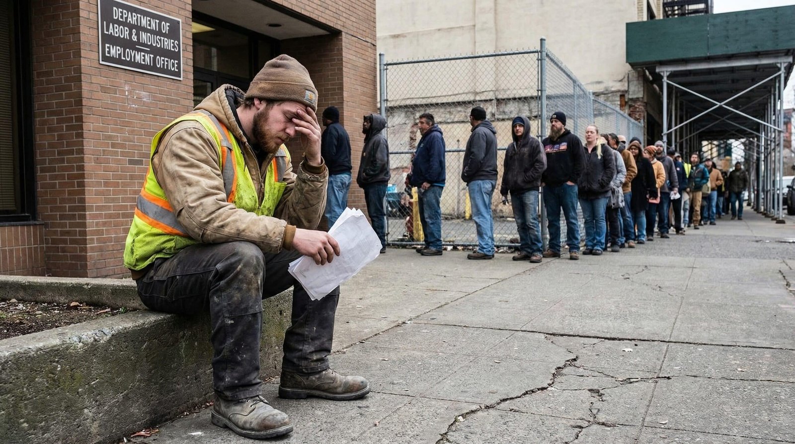 Millennial construction worker waiting outside government benefits office to prove SNAP work requirements