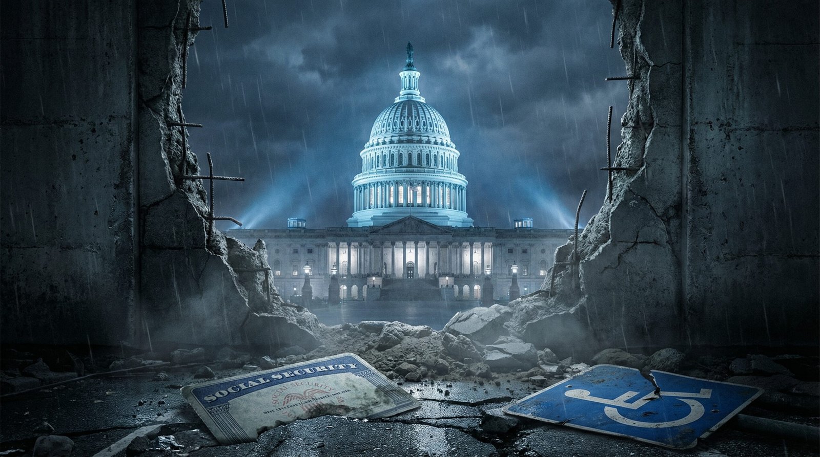 US Capitol building viewed through crumbling safety net as Congress underfunds Social Security disability backlog