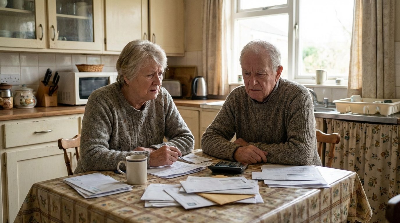 Elderly couple reviewing Social Security benefit cuts paperwork at kitchen table with worried expressions
